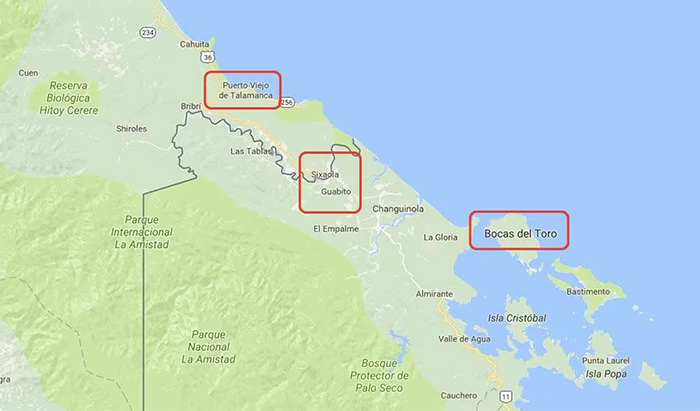 Qué ver en Puerto Viejo (Costa Rica) Guía 2025 6 Mapa de la frontera de Bocas del Toro a Puerto Viejo Costa Rica