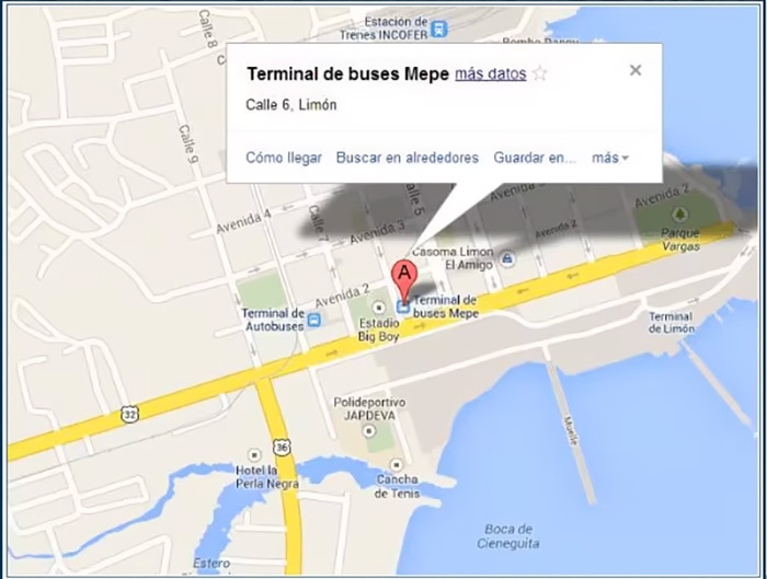Qué ver en Puerto Viejo (Costa Rica) Guía 2025 7 Mapa terminal de buses de Limón; Costa Rica; cómo ir de Limón a Puerto Viejo, cómo llegar a Puerto Viejo, Centroamérica