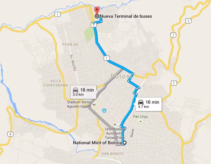Mapa Nueva Terminal de autobuses de Potosí, Bolivia